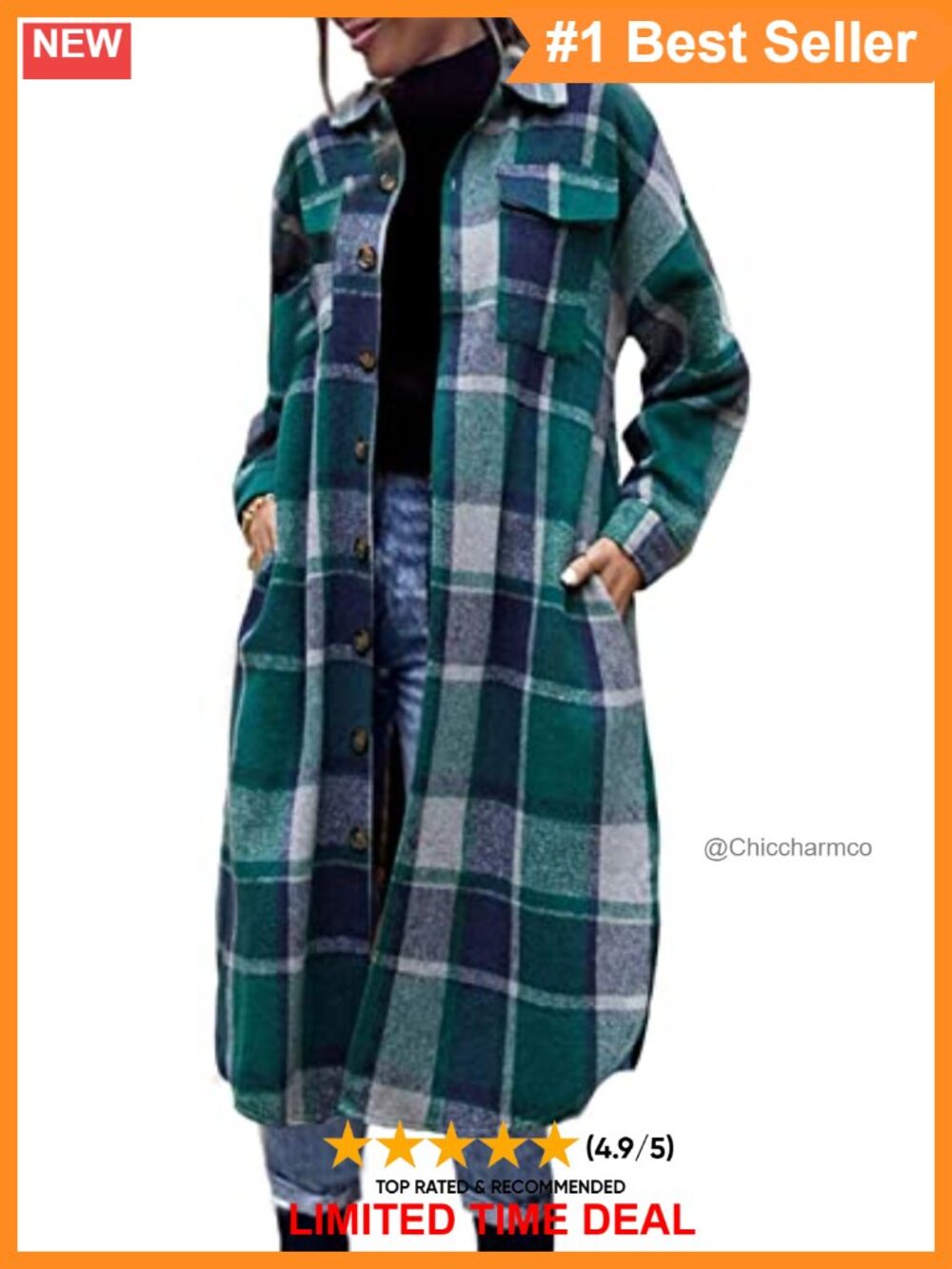 Wool Blend Plaid Shacket Button Down Shirt Jacket Coat with Pockets